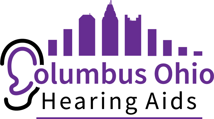 a logo created for a hearing aid company in black and purple with a silhouette of Columbus, Ohio in the background
