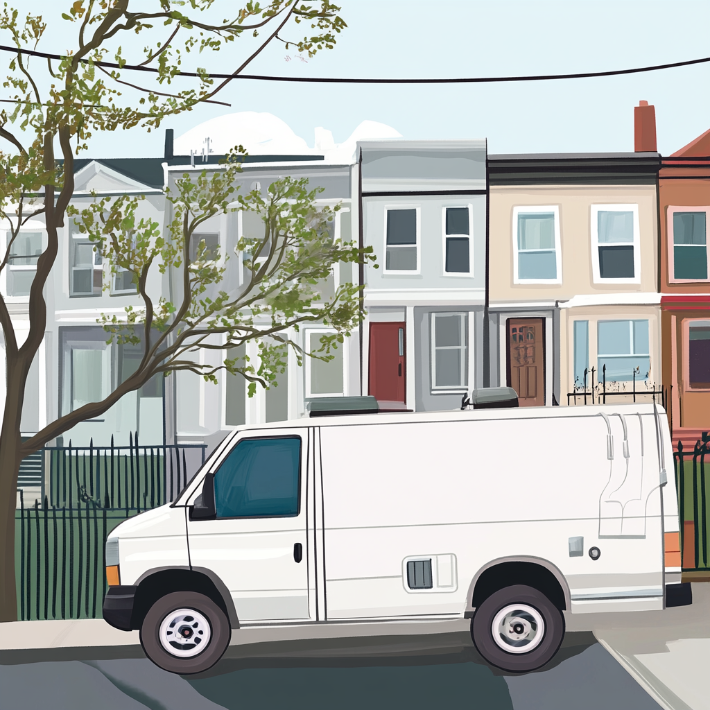 A plumbing van parked in a neighborhood doing work
