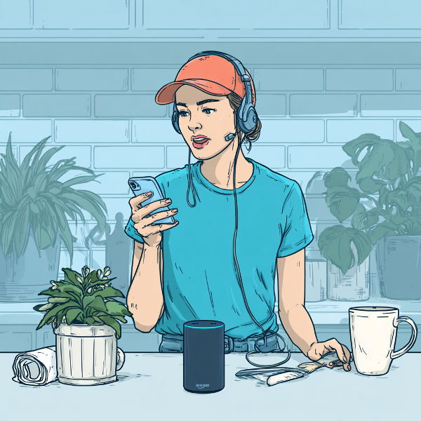 A woman searching on her phone with Alexa app AIO