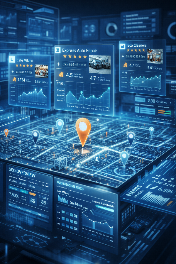 AI software ranking different businesses based on location and reviews