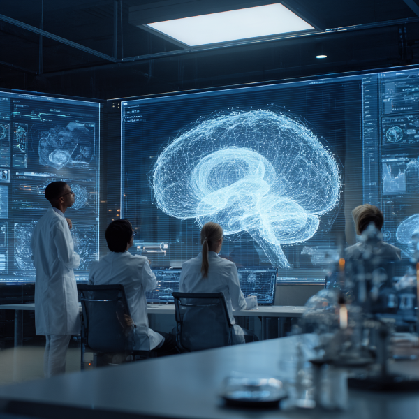 A group of scientists and researchers examining a complex computer AI algorithm in the form of a brain.