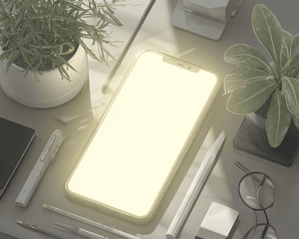 A smart phone sitting on a desk emmiting an angelic glow, it is flanked by two house plants, a pair of glasses and pens.