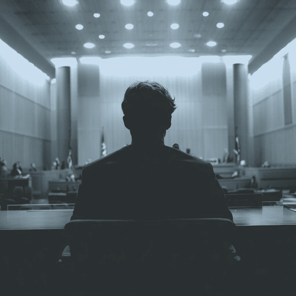 A silhouette of a man standing trial in a courtroom