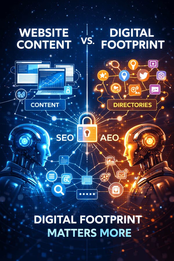 Website content vs digital footprint with two humanoid AI systems staring at each other.