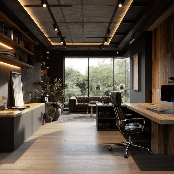 An office that is feng shui optimized for a business, with proper lighting and plant placement