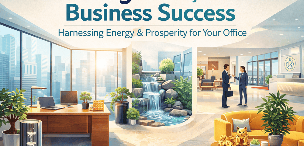 Feng shui for business, illustration of an office that is balanced with harmony with different elements.