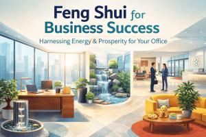 Feng shui for business, illustration of an office that is balanced with harmony with different elements.