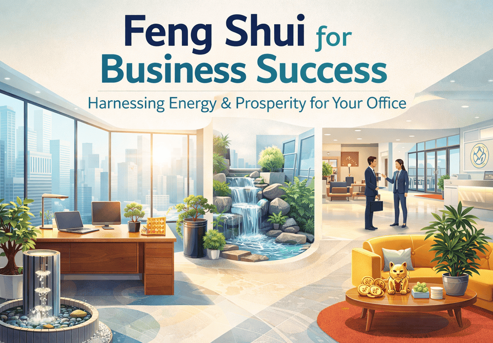 Feng shui for business, illustration of an office that is balanced with harmony with different elements.