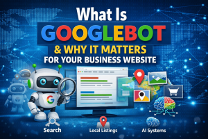 The title of the website with a Google bot cartoon holding a magnifying glass.