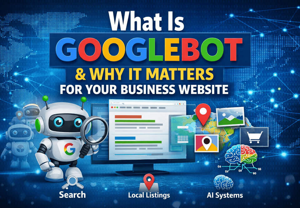 The title of the website with a Google bot cartoon holding a magnifying glass.