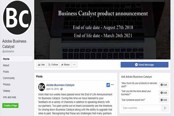 Adobe Business Catalyst announces end of life March 2021