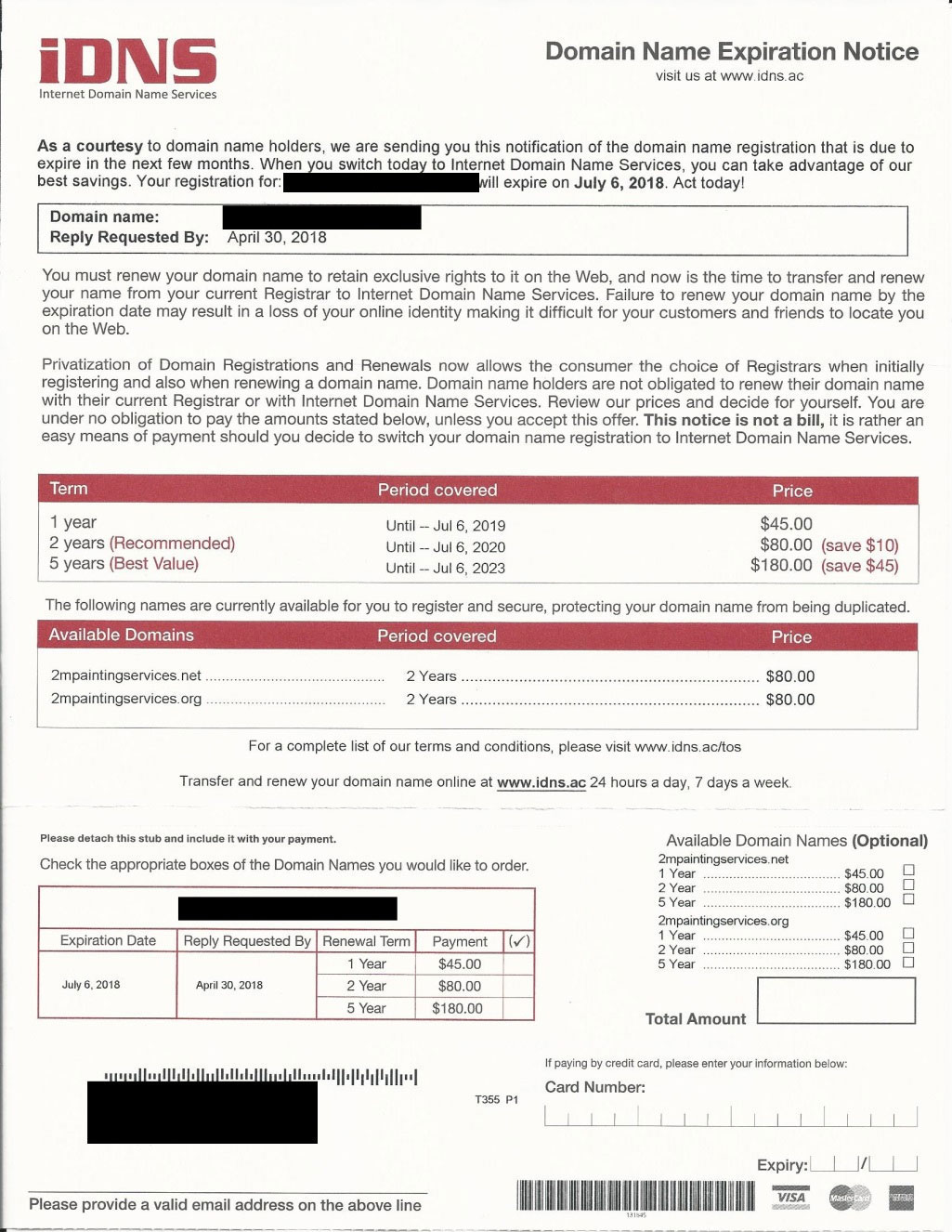 sample DNS expiration notice