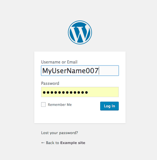 Wordpress username and password screen