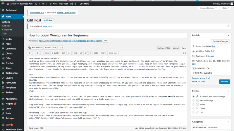 a screenshot of the WordPress dashboard